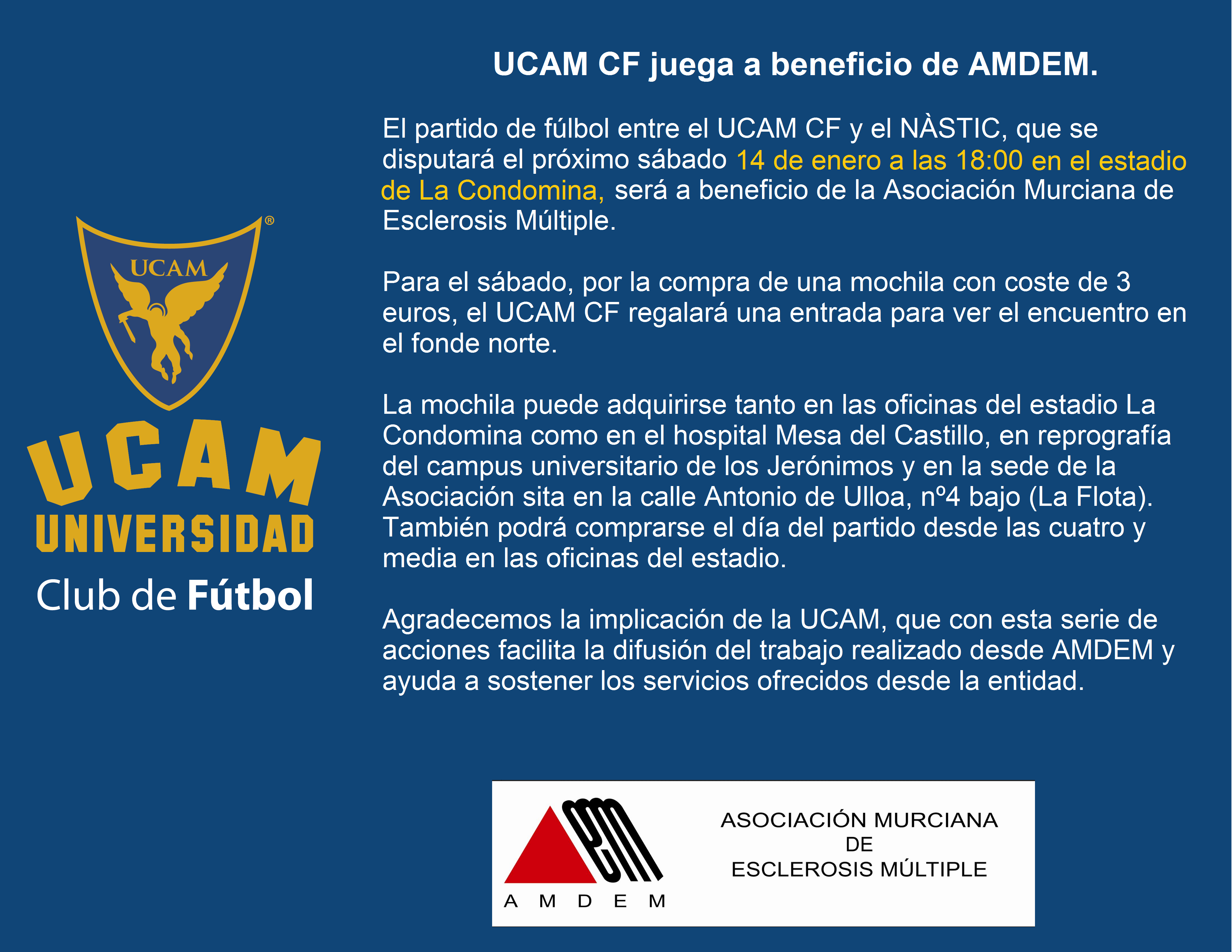 UCAM CF juega en beneficio de AMDEM.